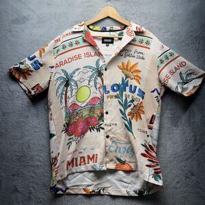 Malibu Shirt Mens Medium Beige Dopamine Hawaiian Aloha Tropical AOP Button Front